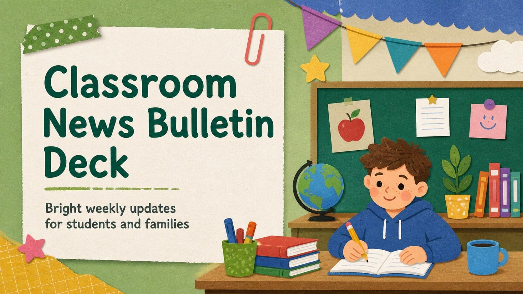 Colorful cover slide for a classroom news bulletin deck with playful school illustrations and a friendly headline.