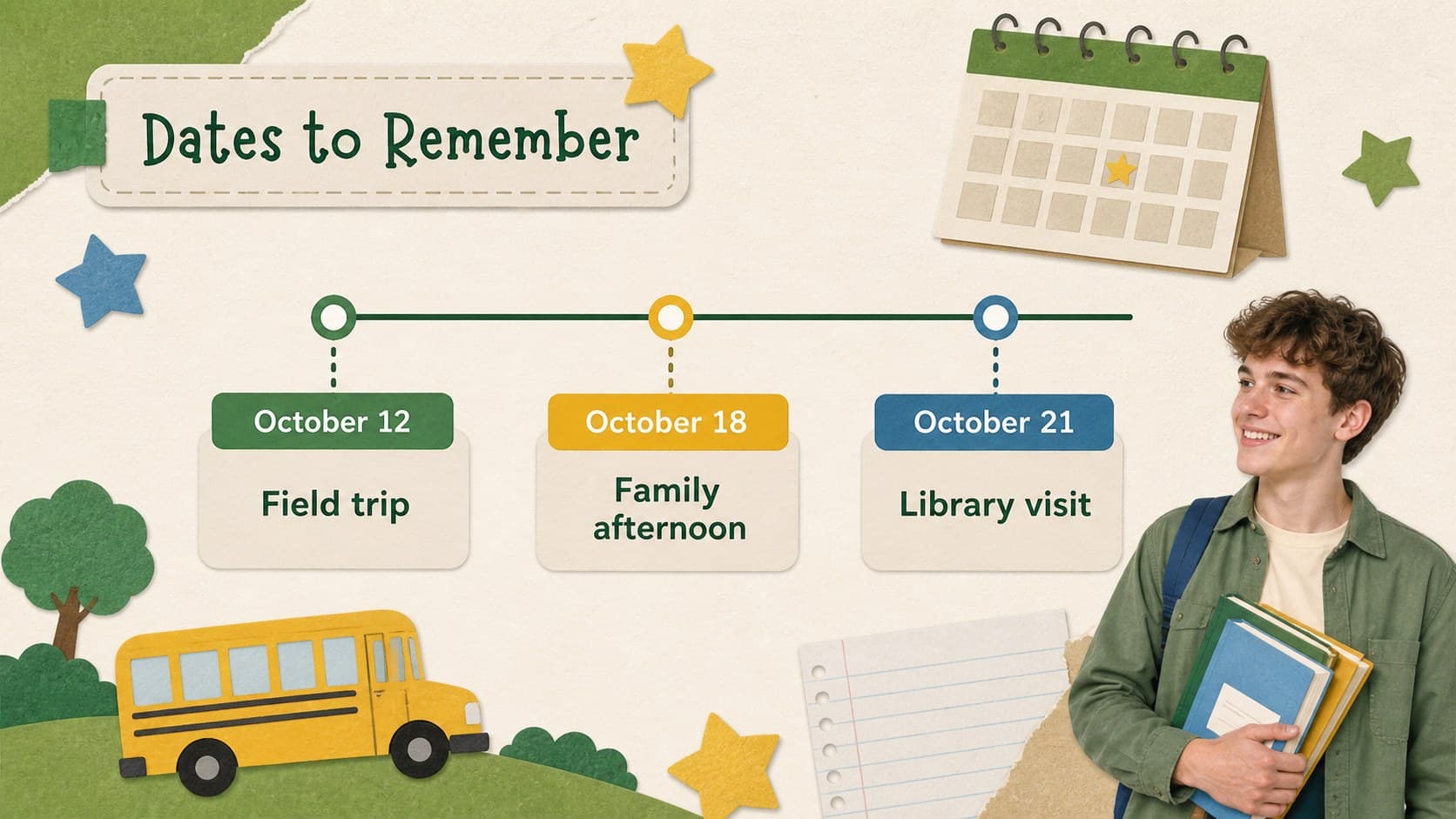 School events announcement slide with a colorful calendar-style layout for classroom families.