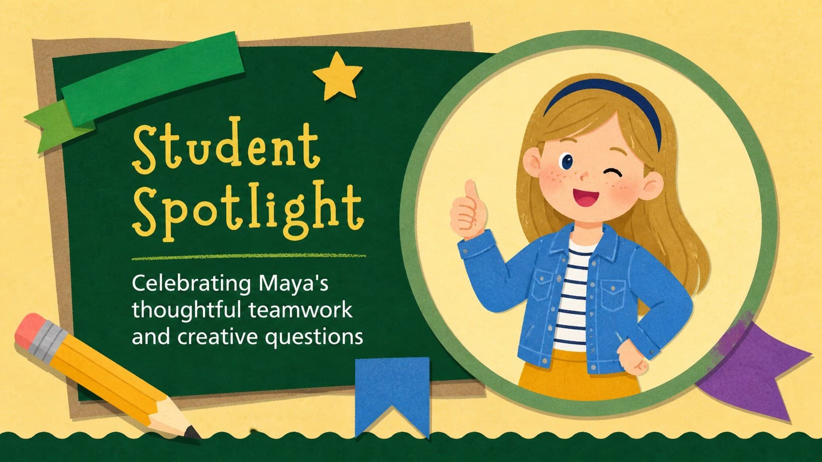 Editable teacher bulletin slide featuring a student spotlight with cheerful illustrated details.