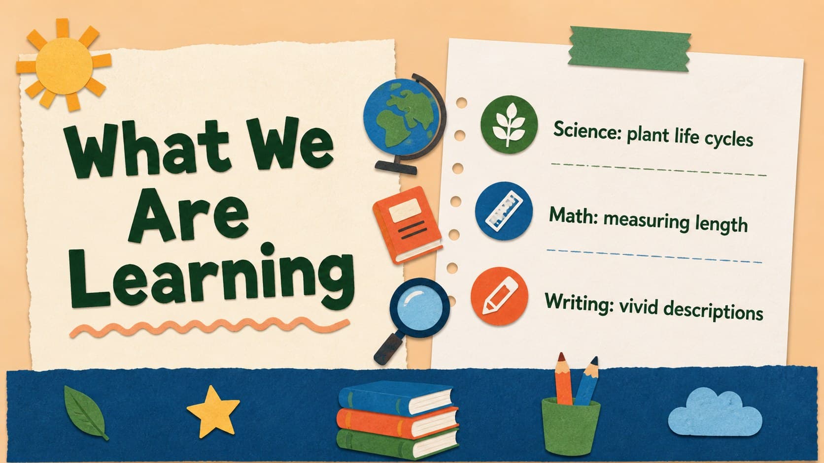 Classroom newsletter presentation slide with a two-column learning recap and bright paper accents.