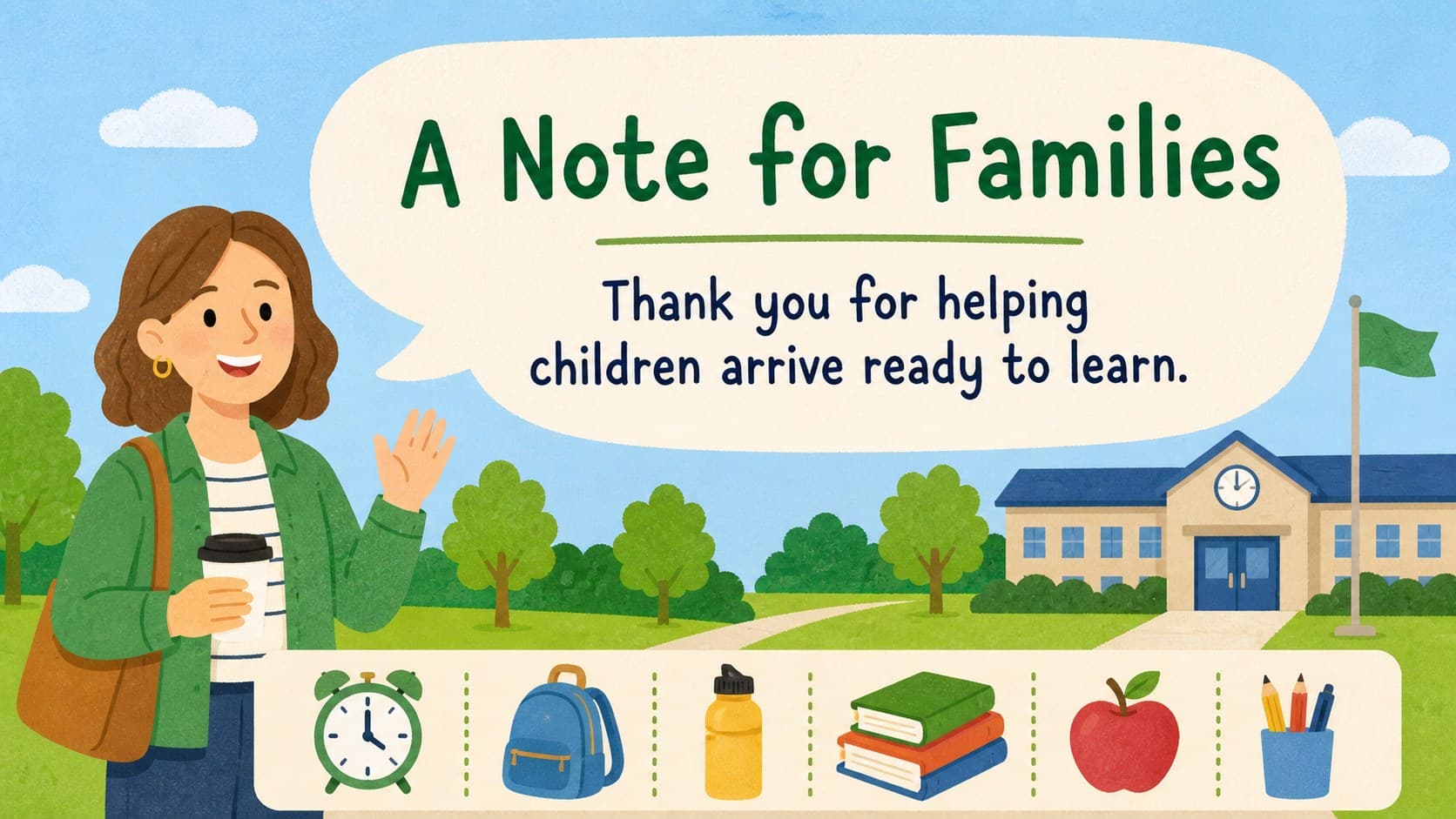 Family communication slide set layout with a welcoming message and colorful classroom illustrations.