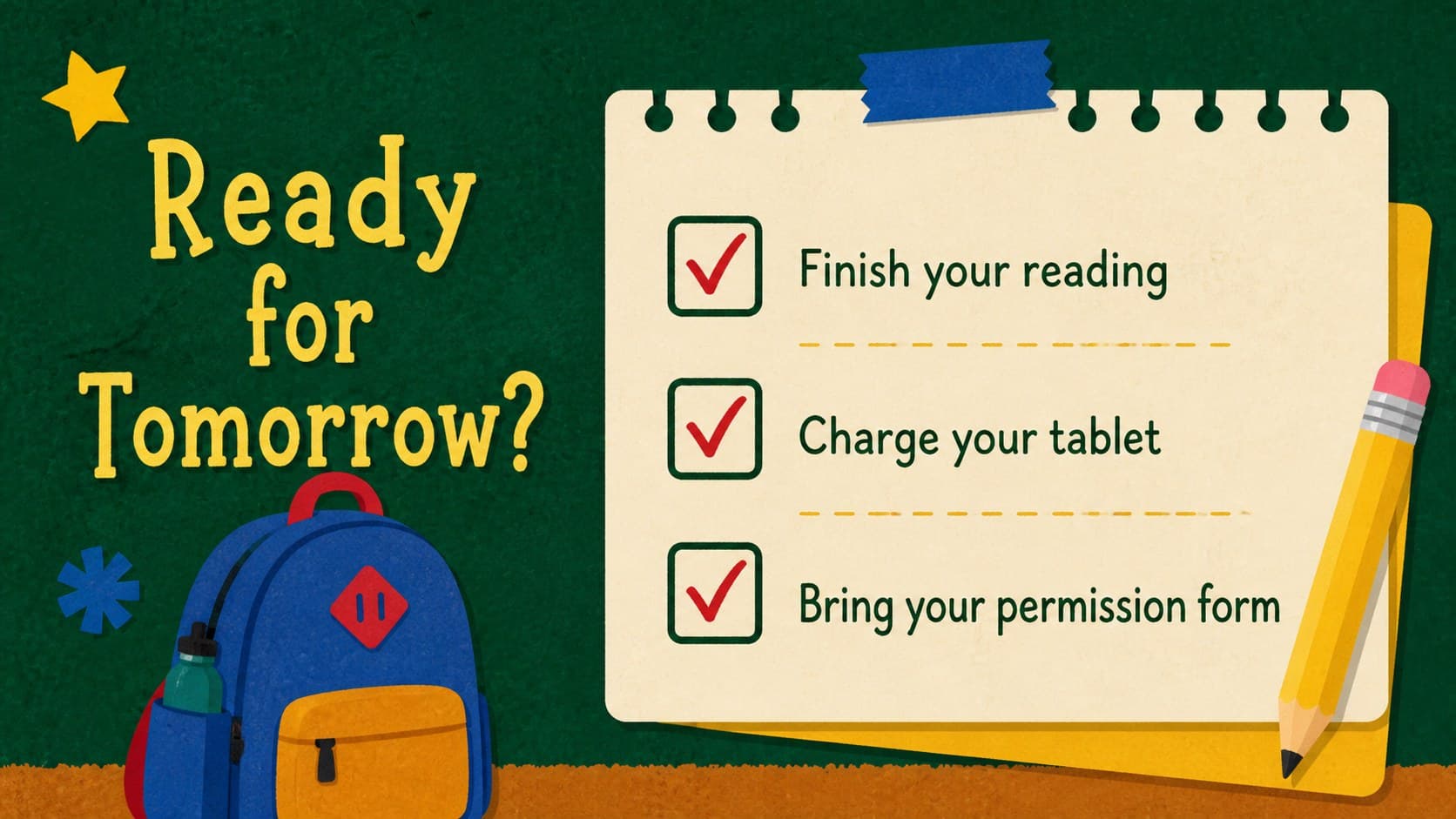 Classroom reminders slideshow page with a colorful checklist for students.