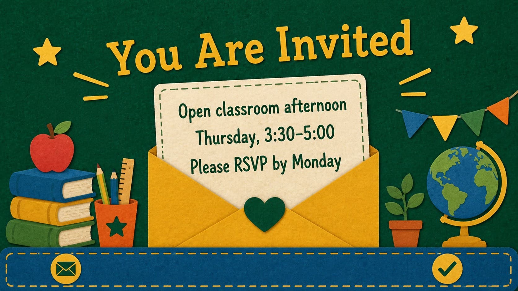 School community announcement slide presenting a colorful event invitation and RSVP details.