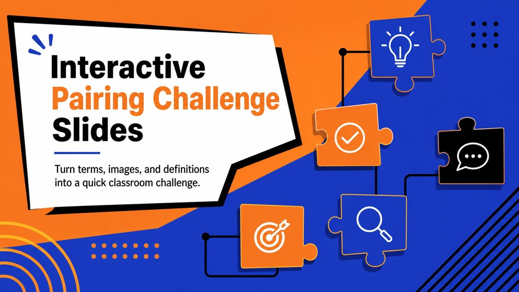 Cover for Interactive Pairing Challenge Slides with bold orange, blue, and black classroom graphics.