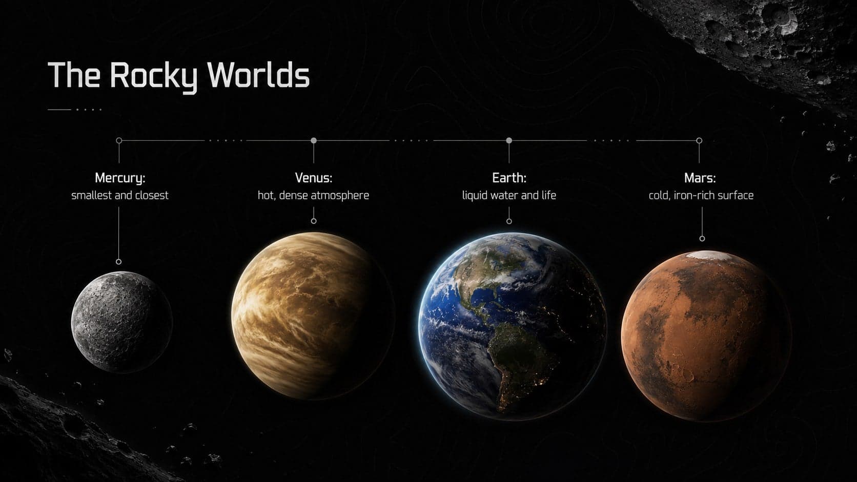 Rocky planet comparison slide for an editable astronomy lesson.