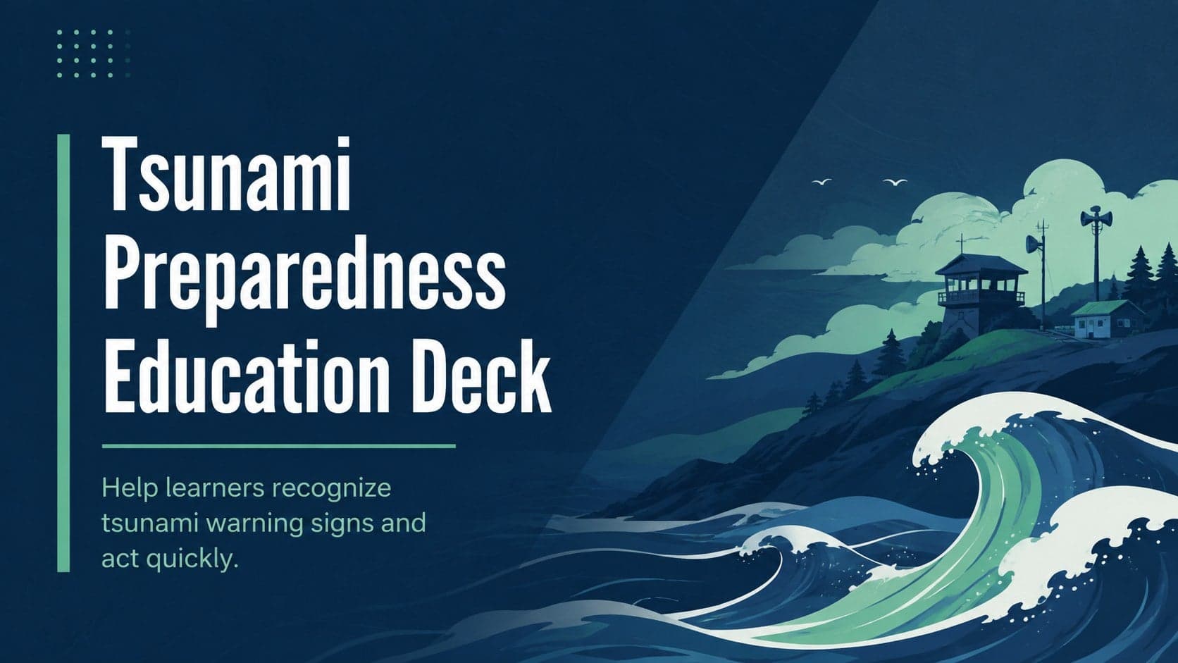 Cover of a Tsunami Preparedness Education Deck with blue and green abstract ocean graphics.