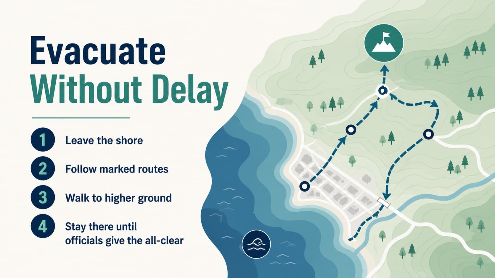 Coastal evacuation planning slide with a four-step route to higher ground.