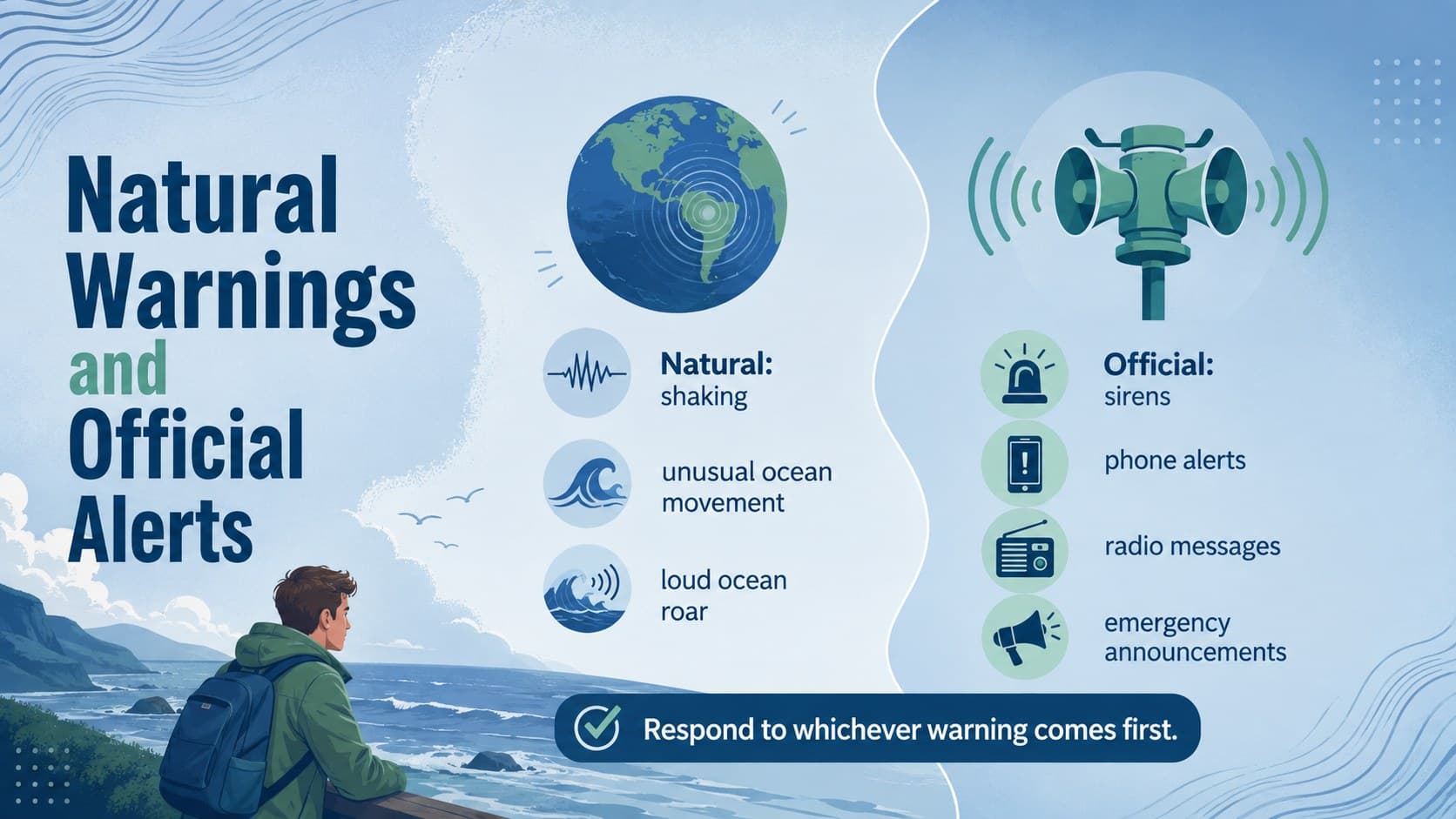 Classroom tsunami safety presentation comparing natural warnings with official alerts.
