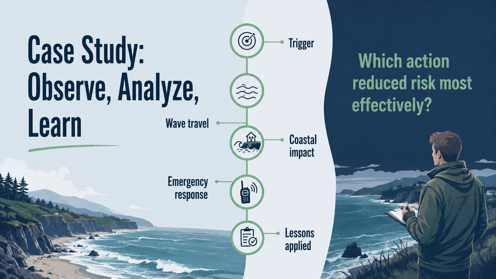 Tsunami case study slide with a timeline for observing impact and community response.
